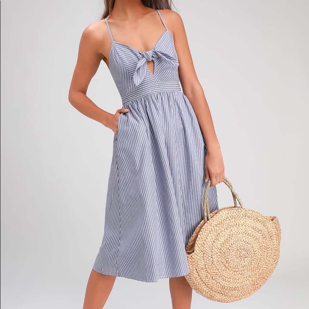 Joyful Days Blue Striped Knotted Front Midi Dress
